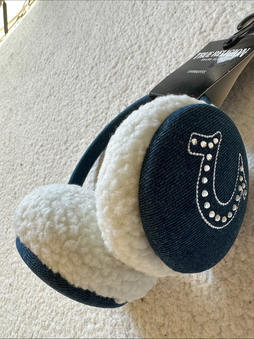 True Religion Navy and White Sherpa On-Ear Headphones with Studded Logo